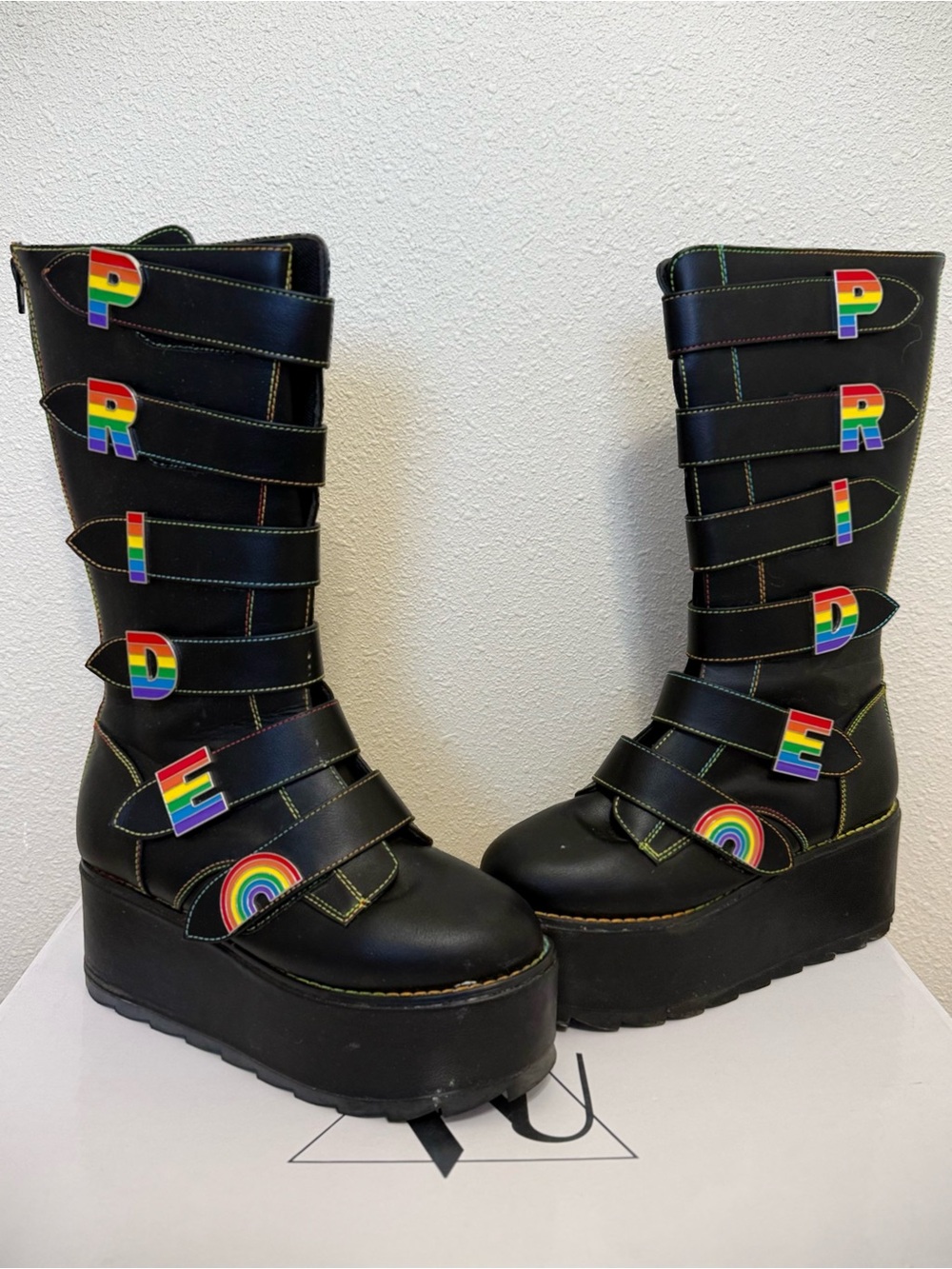 YRU Black Platform Boots with Rainbow PRIDE Accents